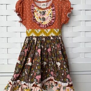 Wildflowers Polka Dot and Unicorn Dress - Orange, Pink, Brown